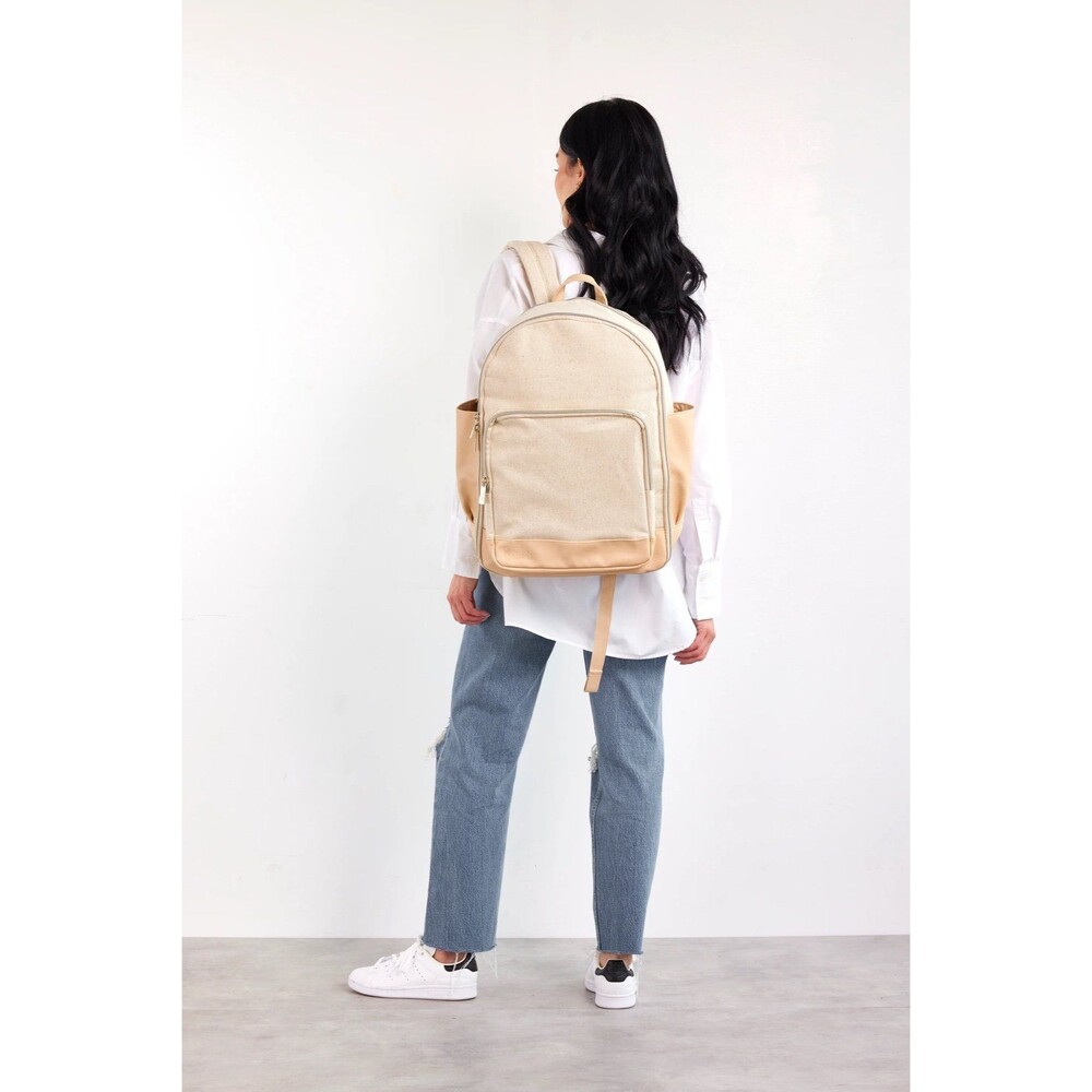 BEIS 'The Backpack' Carry on travel backpack in beige canvas and leather